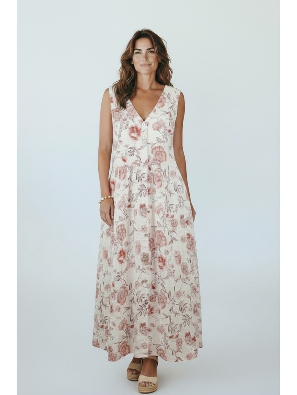 Cynthia Rowley 100% Linen Sleeveless Red/Cream Floral Midi, Size 6 - Picture 1 of 4